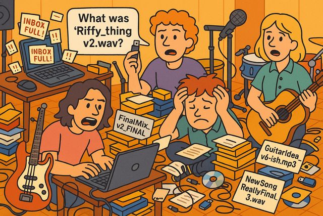 Cartoon of band struggling with disorganized files