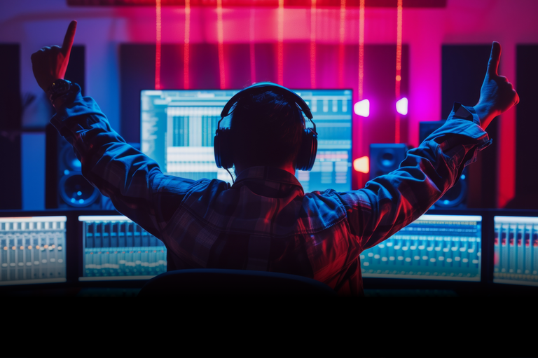 Audio engineer celebrating with raised arms in a studio with mixing console, monitors, and headphones